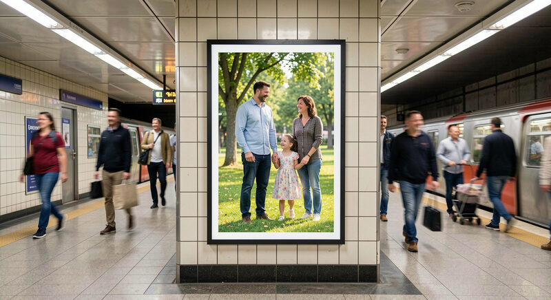 A framed poster on a tiled subway station wall showing two smiling fathers with their young daughters, commuters passing in soft blur.