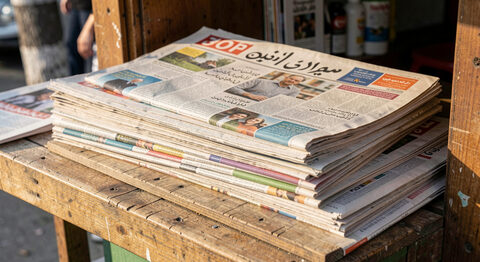 A stack of international newspapers on a wooden kiosk table in Jerusalem, morning light on the front pages.