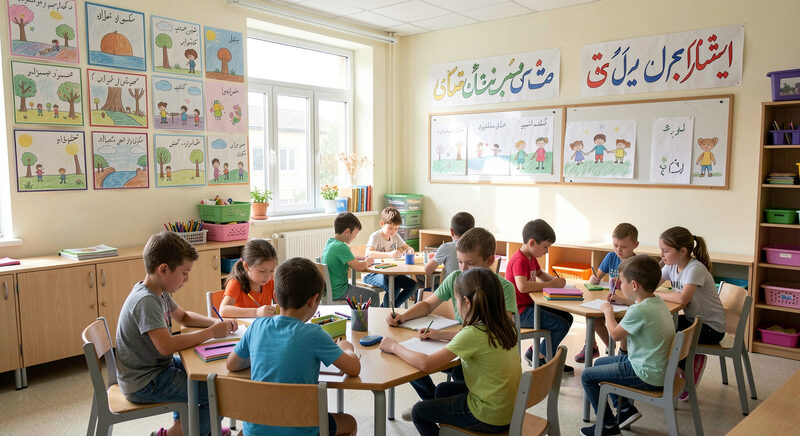 A bright primary school classroom with Hebrew and Arabic posters on the walls, children working at shared tables.