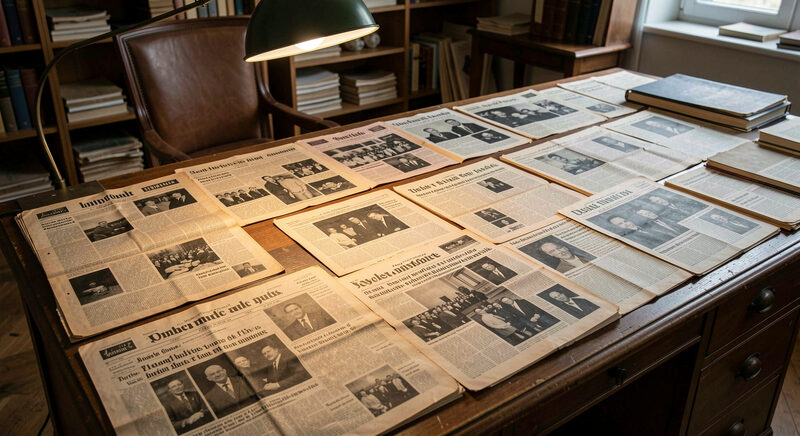 Old newspaper front pages and black-and-white photographs spread across an archive reading table.