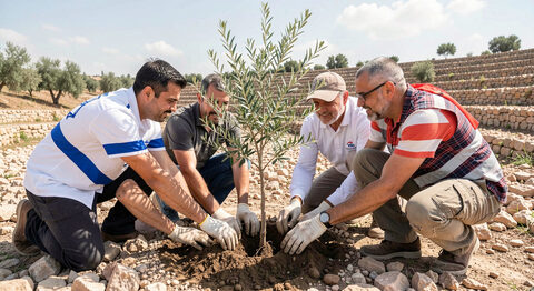 Israeli and Palestinian volunteers planting a young olive tree together in a stony field under a bright sky.