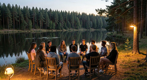 Teenagers of mixed backgrounds seated in a circle of wooden chairs beside a lake at dusk, pine trees behind them.