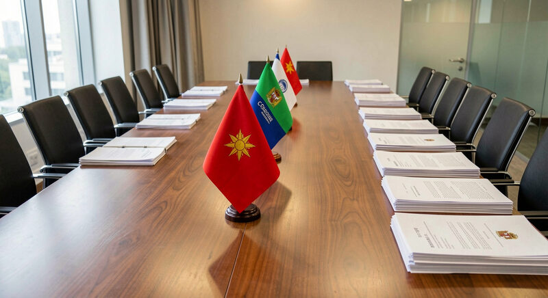 A long negotiating table with folded flags and stacked documents under soft conference room light.