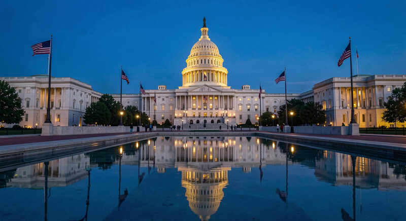 The United States Capitol dome at dusk with flags at half light, seen across the reflecting pool.